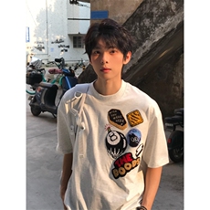 网图现货美式街头徽章刺绣T恤男女宽松高街情侣夏季短袖A369-P35，男装T恤，星座1505