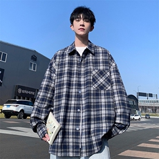 藏青色格子衬衫男春秋季2025新款美式复古高级感痞帅长袖衬衣外套，男装衬衫，星座1106-2（原1111B）