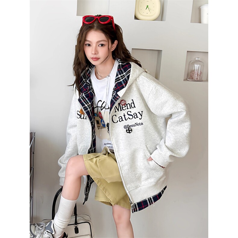 字母刺绣连帽假两件高级感卫衣男女宽松拉炼开衫外套上衣WY7058，女装短外套，星座516A