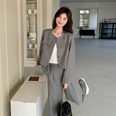 韩版小香风套装女2025早春新款高级感休闲时尚洋气阔腿长裤两件套，女装套装/套裙，秋水欣儿