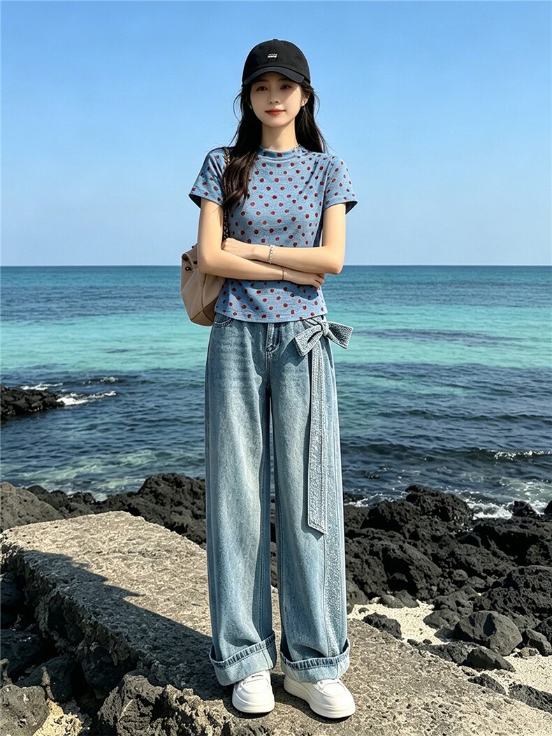 女夏季新款时尚休闲套装蓝色波点上衣烫钻阔腿牛仔长裤两件套显瘦,女装套装/套裙,江南