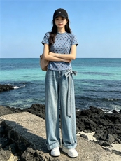 女夏季新款时尚休闲套装蓝色波点上衣烫钻阔腿牛仔长裤两件套显瘦，女装套装/套裙，江南