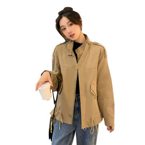 卡其色oversize美式外套女2024秋新款炸街时尚宽松休闲小个子夹克,女装短外套,梦懿尔