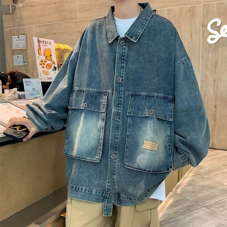 日系复古翻领水洗做旧牛仔夹克男休闲宽松落肩外套上衣服J3302,男装夹克,星座1116A-1（原606A）