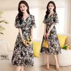 时尚印花收腰连衣裙子女装2024年夏季新款宽松荷叶袖中款碎花长裙，女装连衣裙，罗得堡