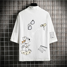 HF59115-P40风汉服男开衫外套七分袖道袍网格挂拍，男装民族服装，电商A040A