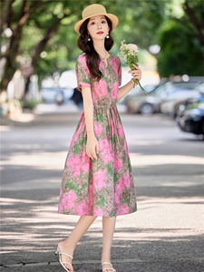 温柔甜美印花棉麻短袖连衣裙女2026夏季薄款舒适系带收腰气质长裙图片