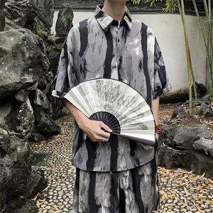 夏季新款男士套装潮流宽松水墨画短袖衬衫短裤两件套图片