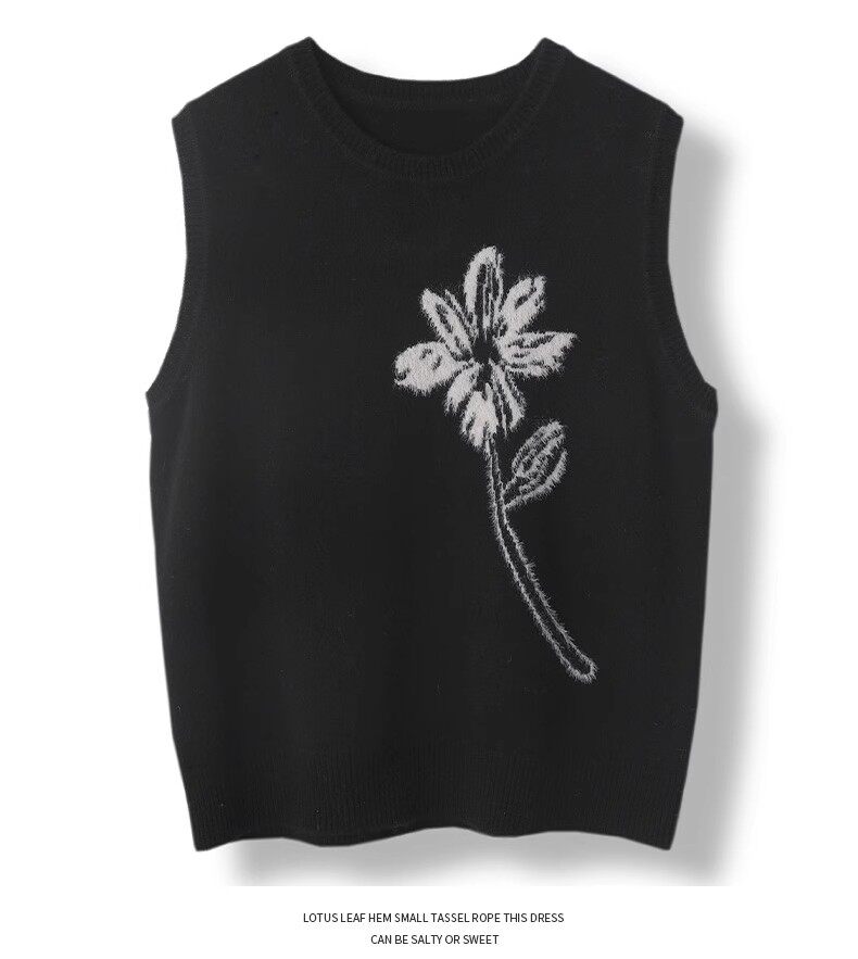 手工植绒提花设计感圆领羊毛马甲背心女套头宽松无袖毛衣坎肩，女装马甲，美轩羊绒