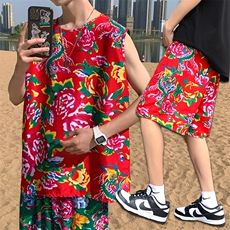 TZ01男士休闲大码东北大花T恤短裤套装男女运动休闲装风特色，男装T恤，星座115A(原星座507）