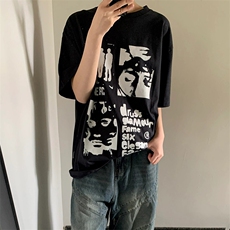 T554-P25美式复古人像卡通纯棉短袖潮风男女款上衣，男装T恤，星座617A-2