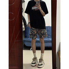 休闲廓形质感沙滩裤腰果花夏季潮牌美式高街复古宽松短裤五分裤男，男装牛仔裤，四季星座505