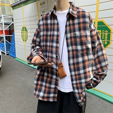 港风复古工装格子衬衫男秋冬季长袖潮宽松百搭衬衣休闲H216/P45，男装衬衫，电商A221A