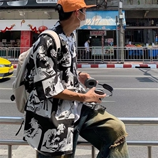 美式高级感短袖衬衫男夏季潮牌痞帅嘻哈宽松休闲夏威夷五分袖衬衣，男装衬衫，星座716-4