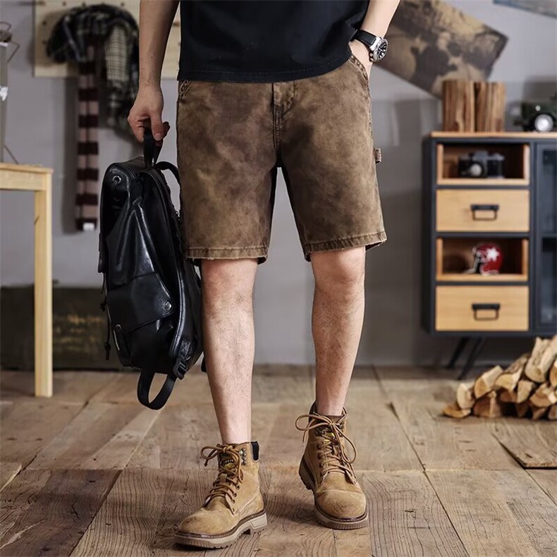 美式复古扎染做旧水洗工装牛仔短裤男青少年潮牌宽松直筒五分裤图片