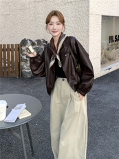 棕色复古美拉德短款皮衣外套女2025秋小个子又酷又飒圆领PU皮夹克，女装皮衣，慧尚2-185
