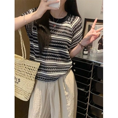 撞色条纹短袖t恤女夏新款宽松显瘦体恤时尚针织镂空上衣TS940，男装T恤，星座1116A（原606A-3）