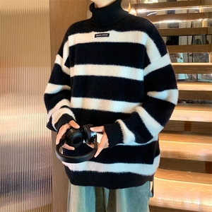 wassup happy水貂毛高领毛衣男士冬季潮牌加厚条纹保暖针织衫外套图片