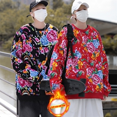 B203冬新套头圆领东北大花风民族特色加绒保暖卫衣小衫男女潮，男装卫衣，星座115A(原星座507）