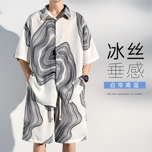 特批P45无差价夏垂感凉感衬衫短裤男休闲新中式风两件套装TZ068图片