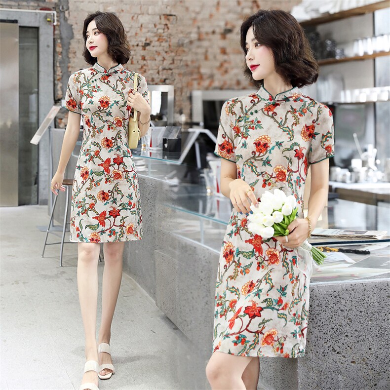 旗袍女2025夏季时尚简约大方气质优雅印花收腰显瘦短袖甜美连衣裙，女装连衣裙，天丽