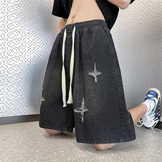 夏季薄款破洞牛仔短裤男潮牌直筒宽松潮流百搭港风青少年五分裤子，男装牛仔裤，星座410-7