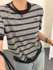 -彩色斑马精纺羊毛条纹圆领短袖，女装T恤，艾米娇羊绒
