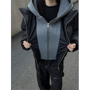 现货高品质重磅工艺美式高街假两件PU皮棉衣男女加厚棉服外套图片