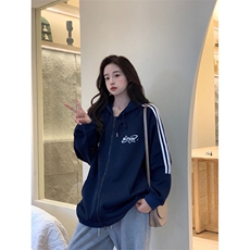 EE067-P65卫衣男女情侣薄款2024潮条纹拉链开衫外套连帽韩版上衣，女装短外套，星座911-3