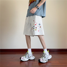 童趣印花休闲短裤男款夏季潮牌宽松大码直筒中裤针织运动五分裤子，男装休闲裤，电商B315