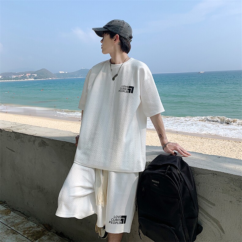 潮牌新款短袖套装立体提花宽松半袖T恤男女TZ300-P55控价75,男装T恤,电商A161-2