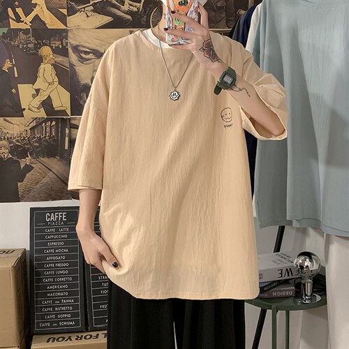 YT26072-P30 亚麻短袖t恤男大码五分袖男宽松七分袖 海报风图片