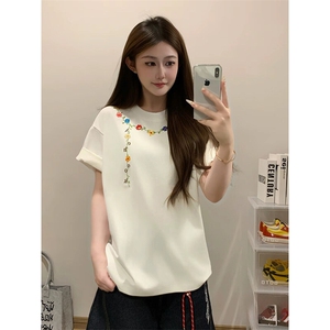 万针全刺绣工艺抖音得物高品质260克重磅纯棉双纱美式高街短袖T恤图片