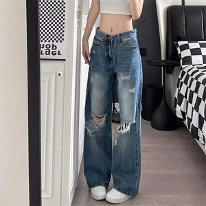 美式破洞牛仔裤男女同款夏季潮牌痞帅休闲宽松直筒阔腿长裤YX8020图片