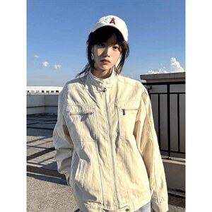 26春装高品质老钱风立领夹克外套男女美式潮牌拉链工装风宽松上衣图片