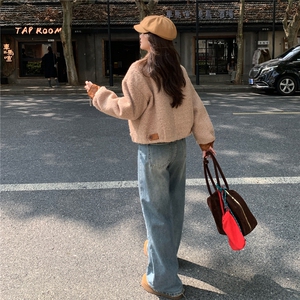 美式PU皮撞色拼接短款毛呢外套女秋冬2025新款炸街御姐轻熟风大衣图片