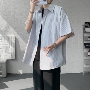 8XL-M 条纹短袖衬衫男夏季宽松慵懒风痞帅大码衬衣外套DC28001P40图片