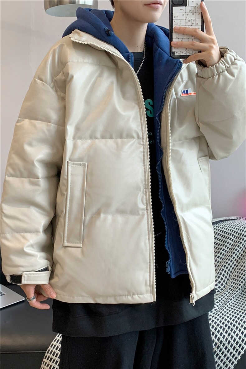 假两件衣男冬季加厚宽松潮流PU皮外套港风连帽服W1906-P85,男装棉衣,星座512-4