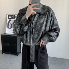 春装小众高级感明星同款宽松贵气闪银衬衫男大码休闲领带气质衬衣，男装衬衫，星座909
