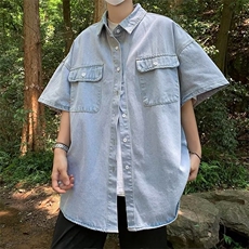 牛仔短袖衬衫男生夏季新款潮牌做旧翻领衬衣美式复古宽松休闲外套，男装衬衫，星座601-2