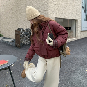 现货新款韩版宽松立领撞色格子袖口羽绒服短款外套面包服图片