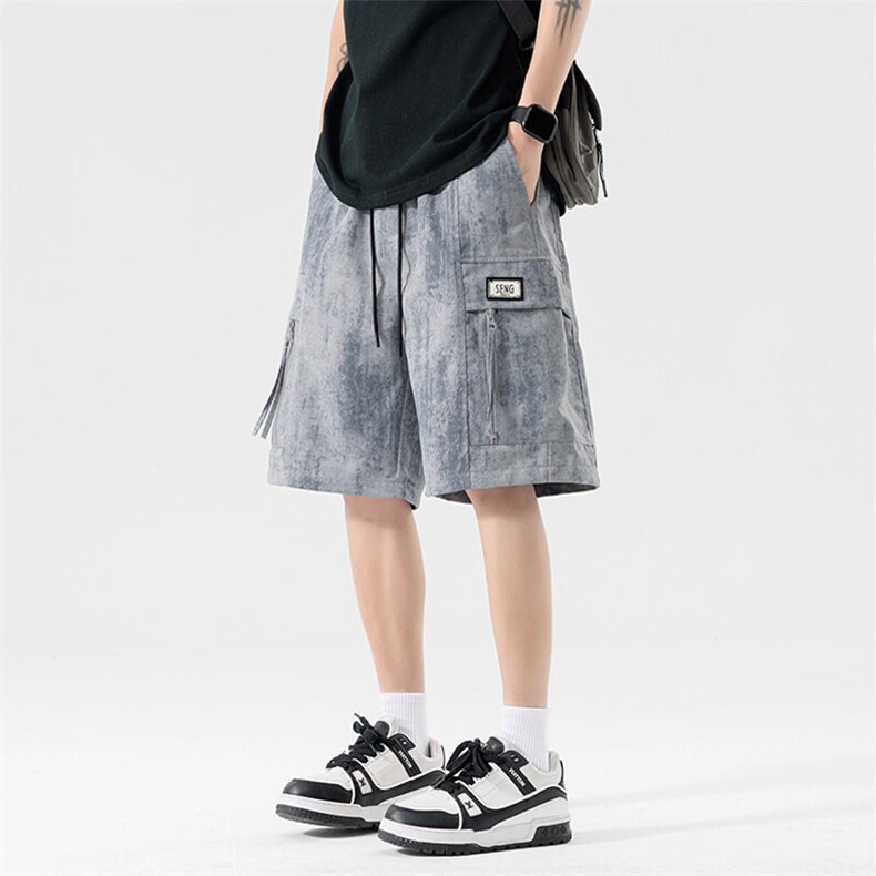 GENIOLAMODE美式扎染休闲工装短裤男士夏季薄款宽松运动五分中裤，男装牛仔裤，星座217-2