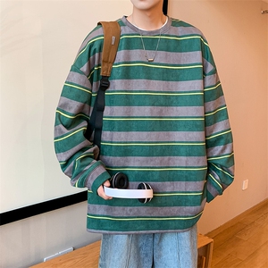 港风麂皮绒圆领条纹拼接卫衣男宽松长袖T恤打底衫Y5533 P45图片