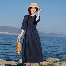 优雅气质2026年春季苎麻大摆型短袖休闲旅游约会逛街日常城市通勤，女装连衣裙，江南依恋