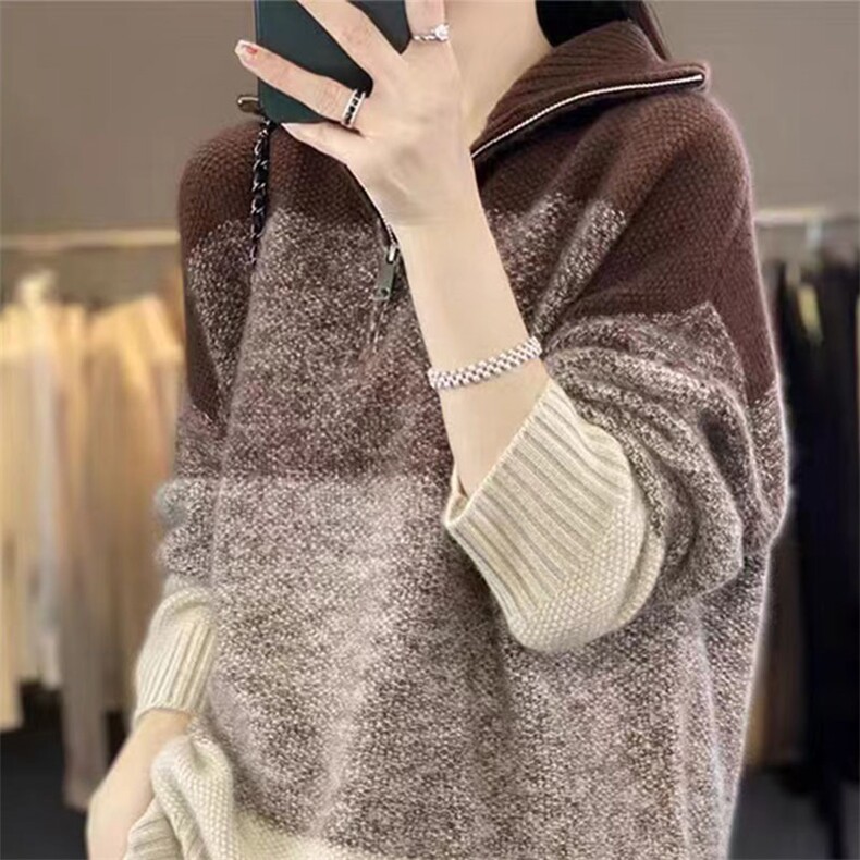 秋冬拉链高领100%羊毛衫女复古撞色长袖毛衣宽松慵懒羊绒针织打底,针织衫/毛衣,萱芳婷羊绒