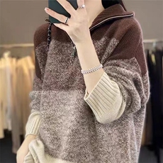 秋冬拉链高领100%羊毛衫女复古撞色长袖毛衣宽松慵懒羊绒针织打底，女装针织衫/毛衣，萱芳婷羊绒