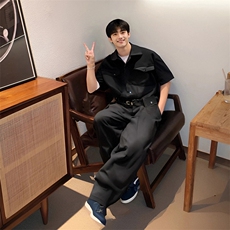 日系复古连体裤工装男连体衣情侣帅气潮流炸街短袖上衣宽松阔腿裤，男装工装外套，星座112A