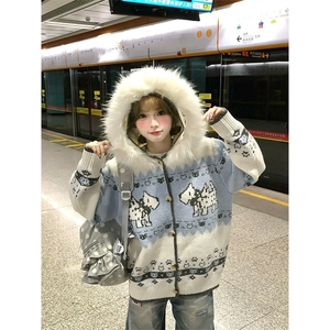 网图有货 美式毛领提花连帽针织开衫费尔岛小狗毛衣男女A1134-P75图片