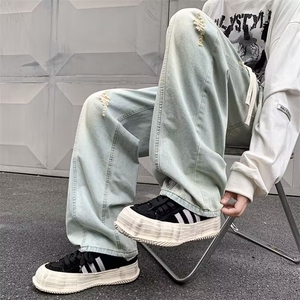 美式高街破洞牛仔裤男秋款潮牌复古宽松阔腿欧美直筒裤N6096-P43图片