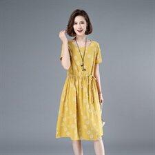 2021年夏季中长款通勤印花圆领A字裙40-49周岁韩版纯棉圆点裙子，女装连衣裙，伊满意